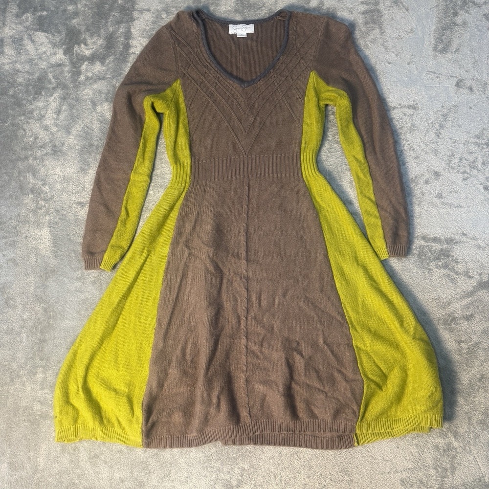 Jessica Simpson Vintage Knit Sweater Dress Women's M Brown Lime Green